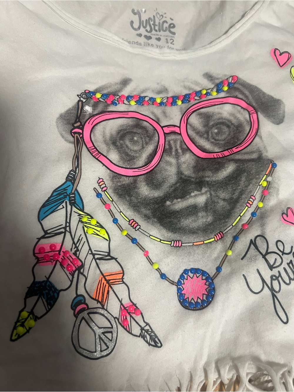 Justice Girls' White 'Be Yourself' Fringe Graphic Tee sz 12 - Picture 3 of 3